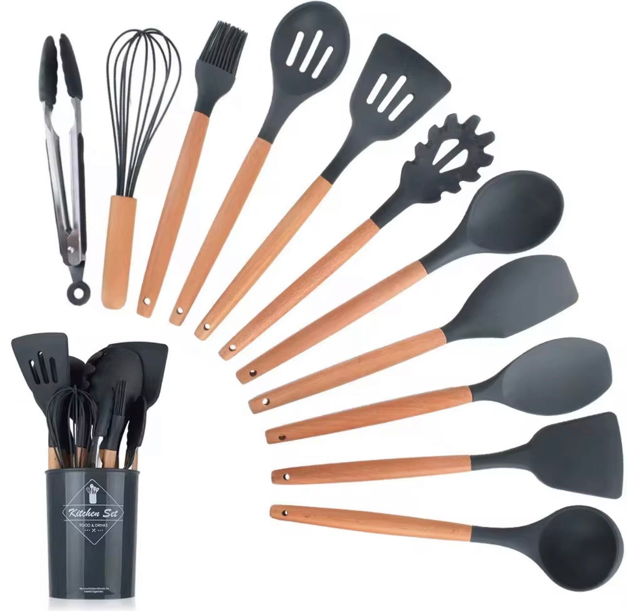 11pcs Wood Kitchen Utensils Silicone Cooking Utensil Set
